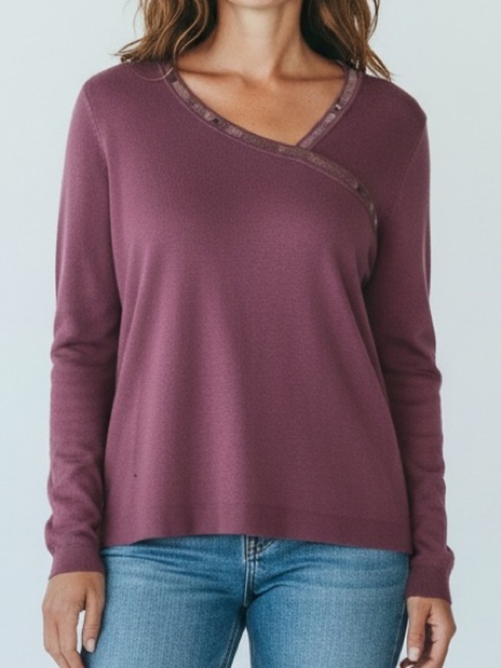 Calvin Klein Women's Plum Asymmetric Trim V-Neck Sweater